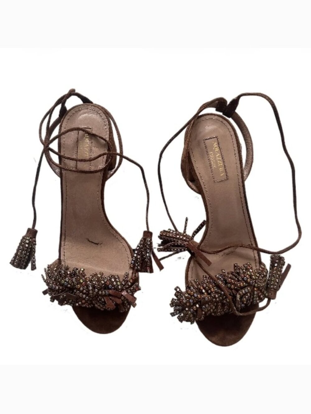 Aquazzura Brown Beaded Lace-Up Sandals